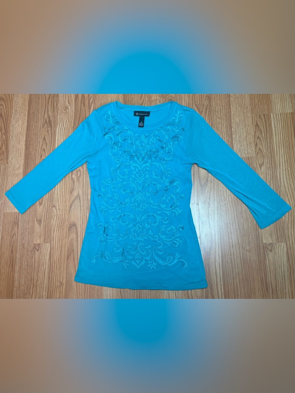INC International Concepts Teal Long-Sleeve Embroidered Scoop Neck Top